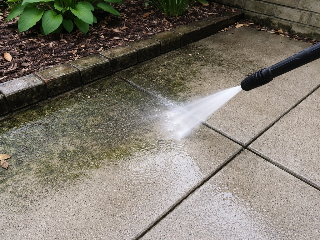Pressure washer treating green-black algae/mold on a patio slab, with cleaner running into the cracks.