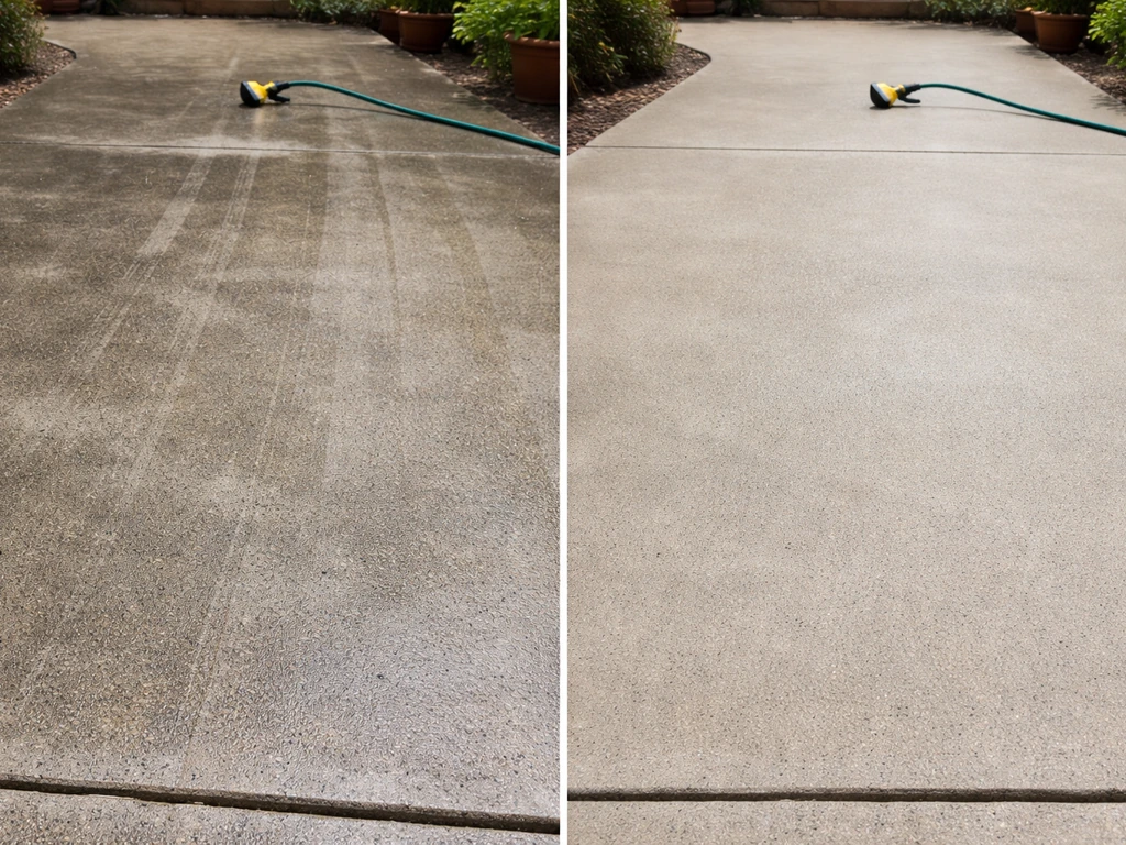 Patio surface showing uneven cleaning stripes beside a freshly cleaned, evenly restored area.