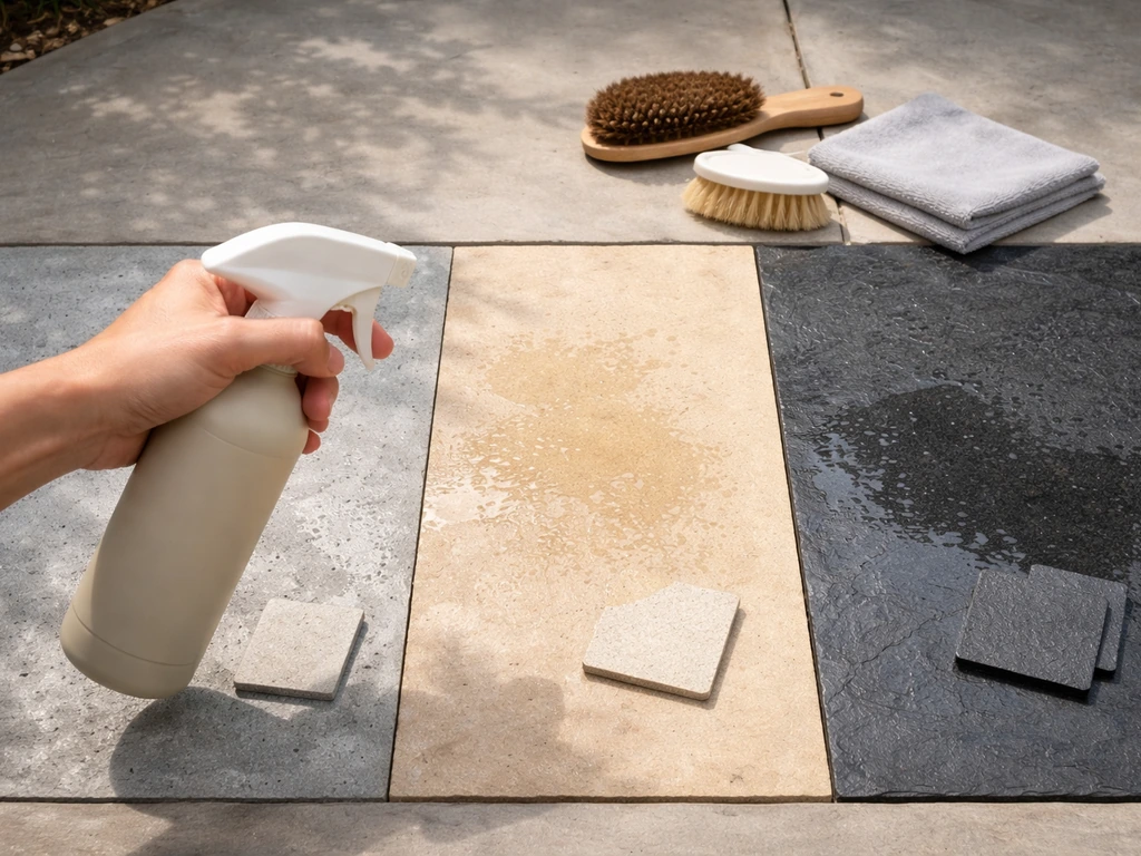 Hands holding an unlabeled eco cleaner over concrete, sandstone, and slate with brushes and cloth.