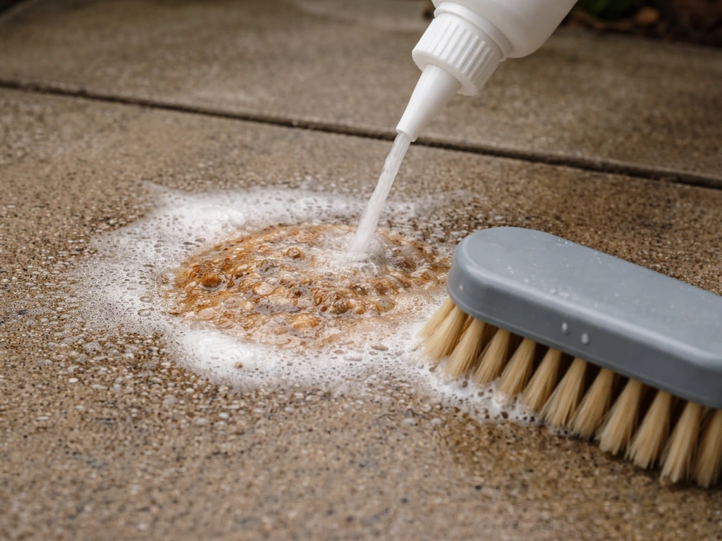Close-up of a patio food-stain being scrubbed with an enzyme cleaner using a brush before rinsing.
