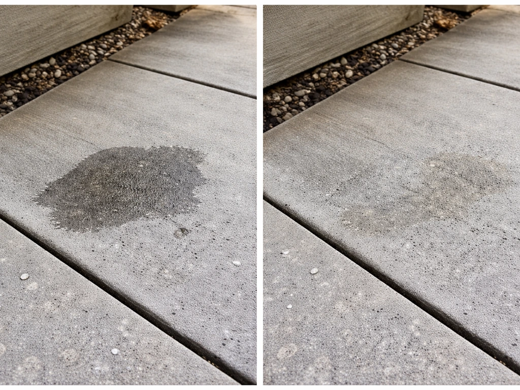 Split before/after patio pet urine spot: dark stain before, cleaner residue-free after rinse.