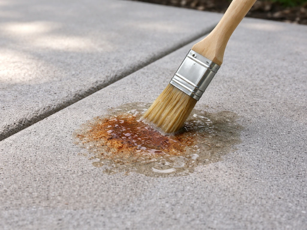 Eco rust remover brush applying treatment to a rust-stain spot on a concrete patio.