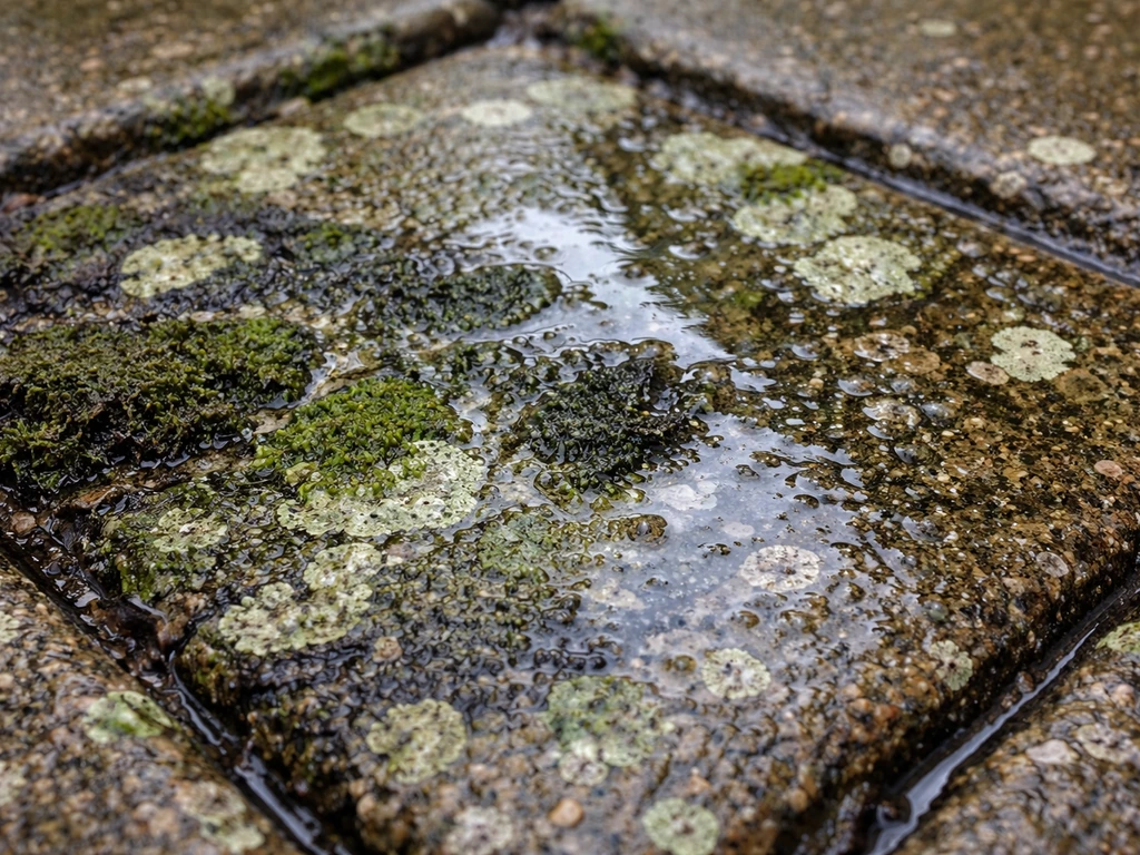 Close-up of a patio surface covered in green algae and moss, wet with a spray cleaner film