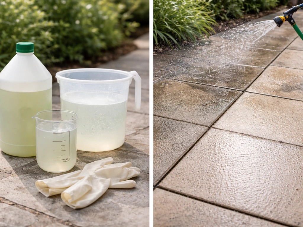 Outdoor concentrate bottle with dilution setup beside a treated concrete surface with reduced grime.