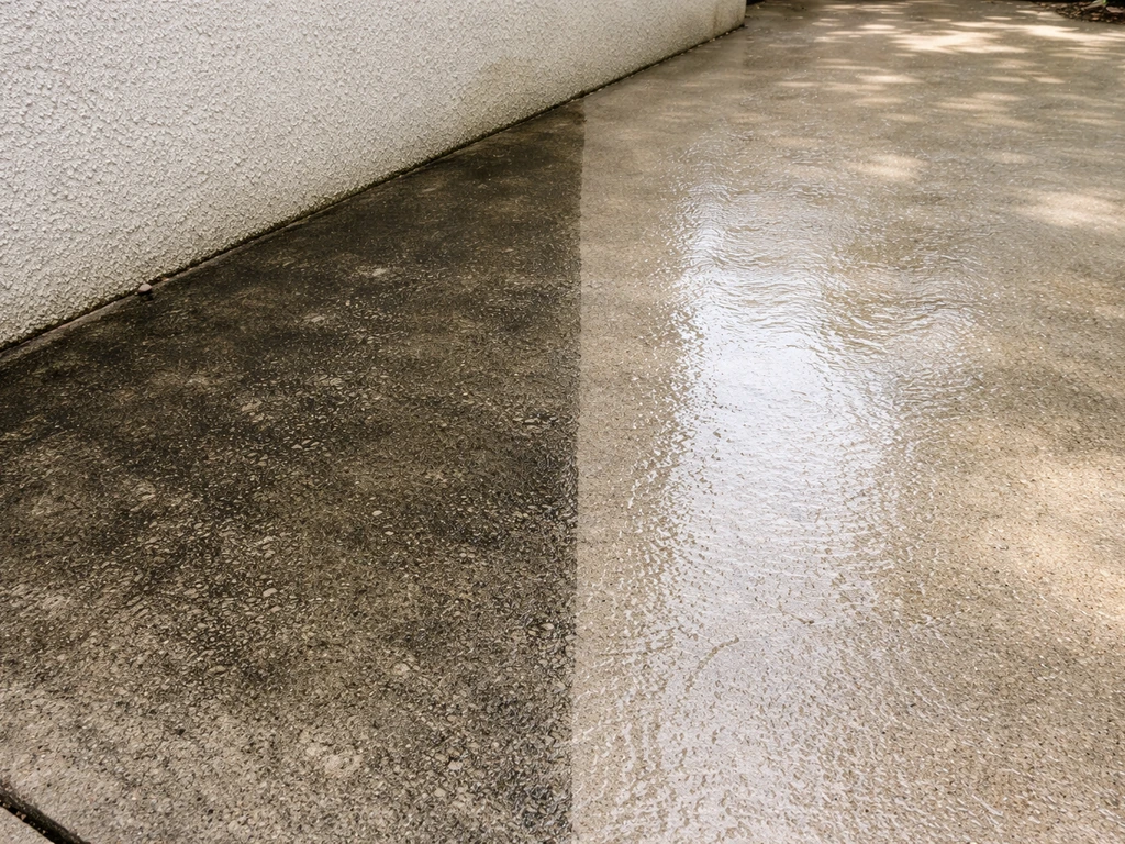 Patio with two concrete sections: one freshly treated and wet, one still dry and heavily stained