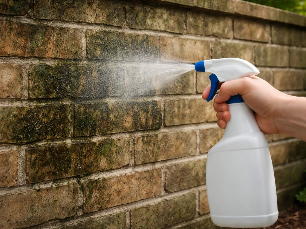 Spray bottle applying diluted patio cleaner to shaded brick with dark moss and algae growth