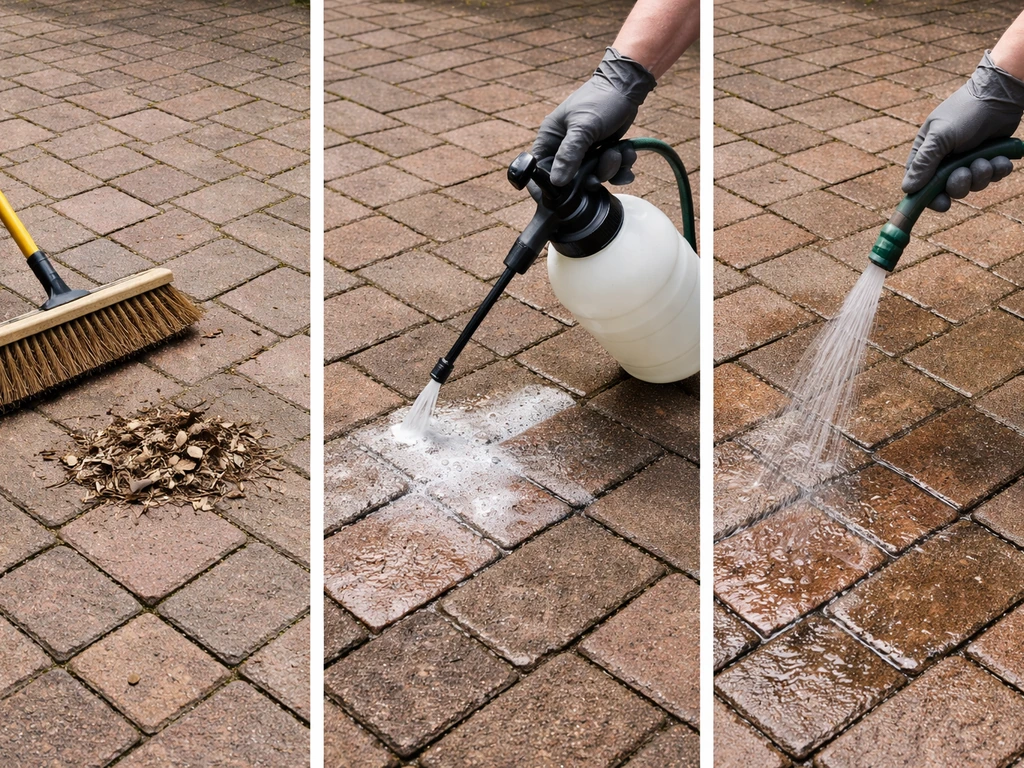 Three-step composite: broom sweep, cleaner applied to bricks, then hose rinse on a brick patio.