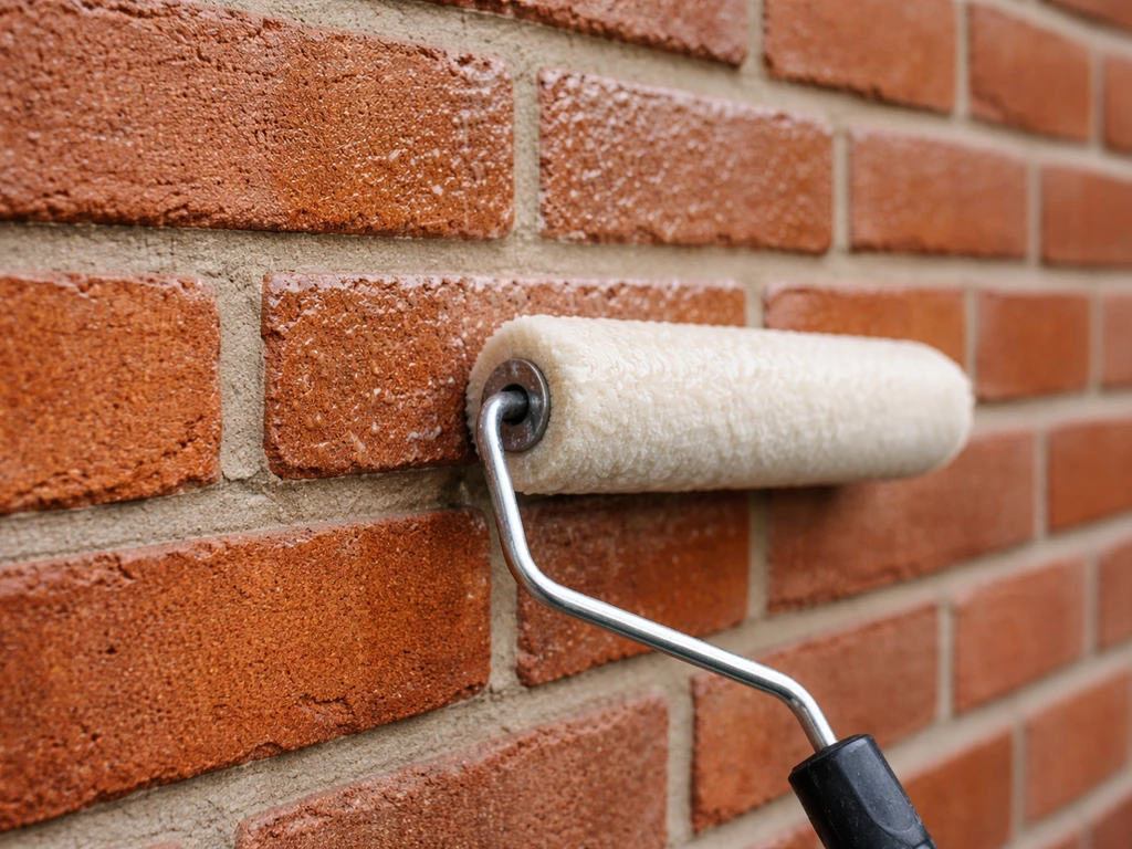 Penetrating masonry sealer applied to clean, dry brick with a roller, showing damp-looking sheen and water-beading poten