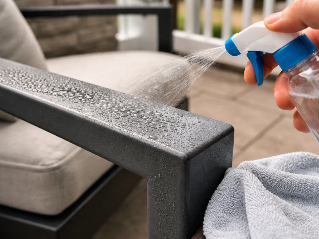 Close-up of powder-coated patio metal being gently misted with mild cleaner solution.