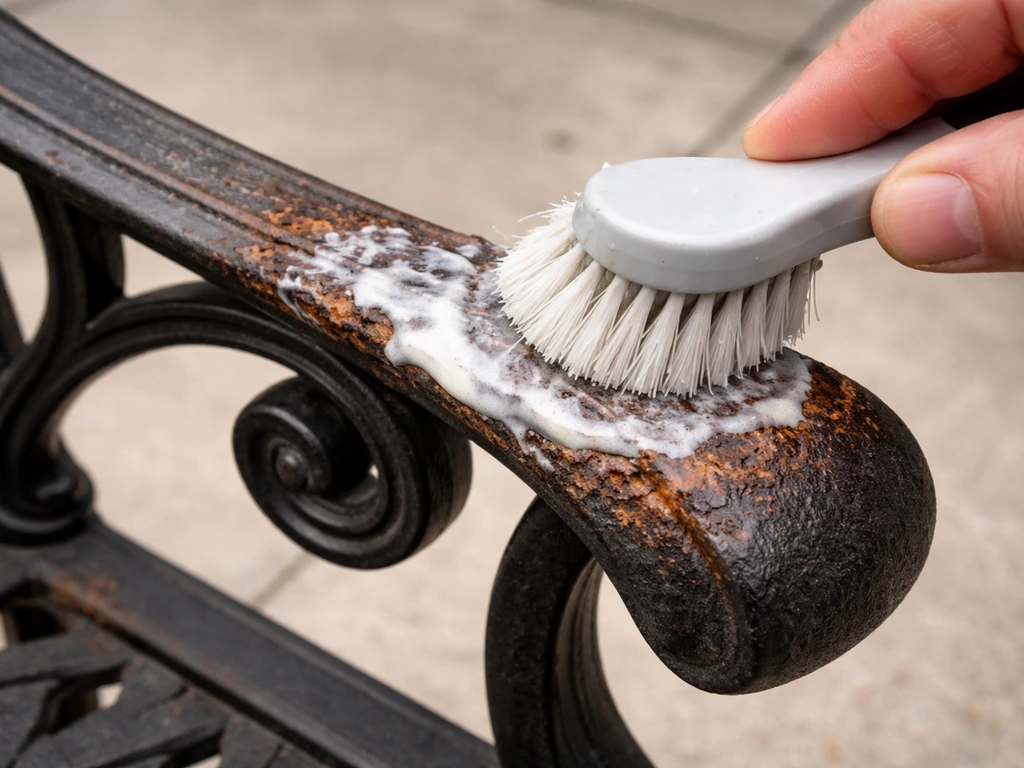 Close-up of rusted steel patio furniture being scrubbed with oxalic-acid cleaner paste using a nylon brush.