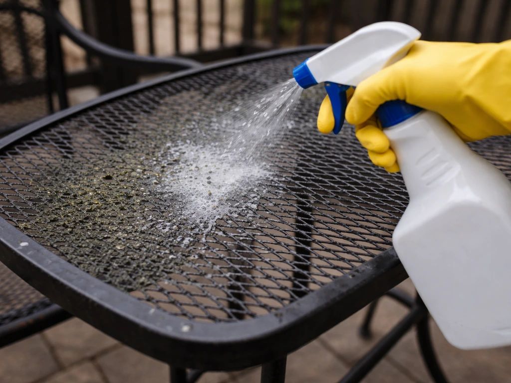 Shaded patio furniture with black/green mold spots being sprayed and rinsed by a gloved hand.