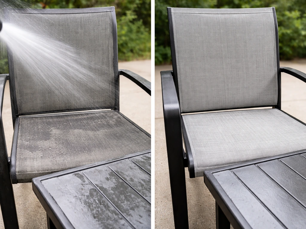 Patio surface split view: left shows damaged finish, right shows clean furniture from gentle hose and scrubbing.