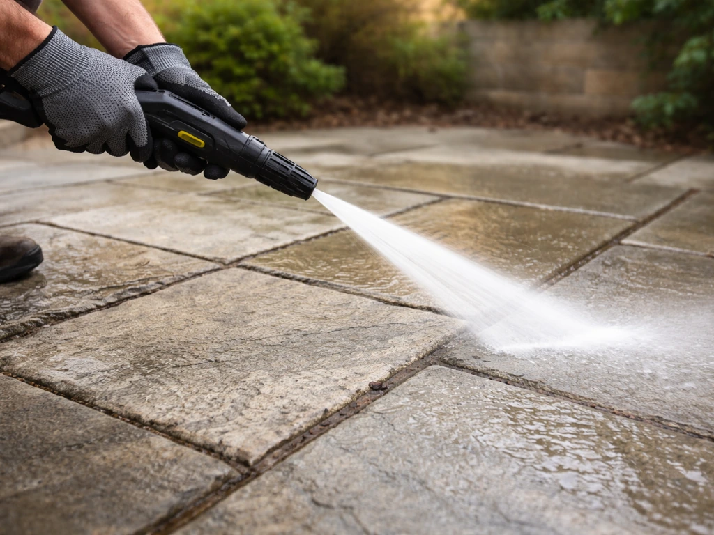 Pressure washer jet cleaning a natural stone patio, grime lifted from grout joints while stone texture remains.