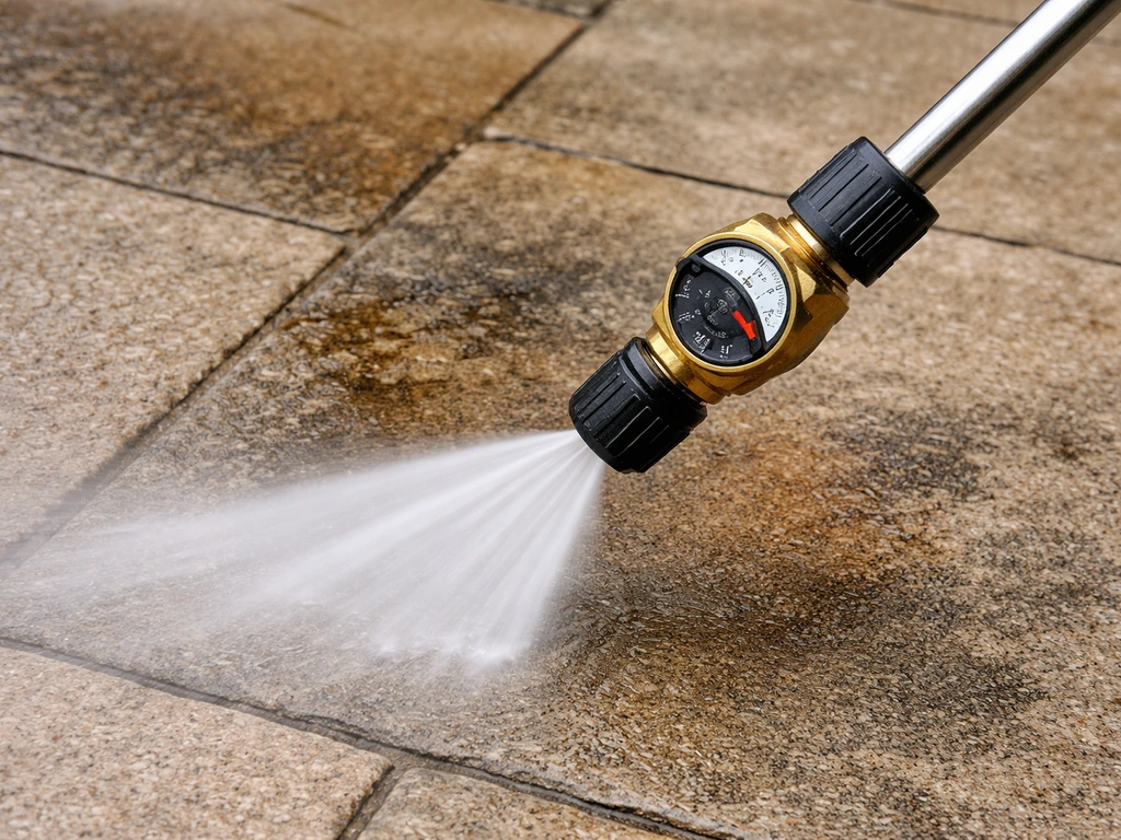 Close-up of a pressure washer spraying a stone patio with an adjustable regulator set to a safe mid-range PSI.