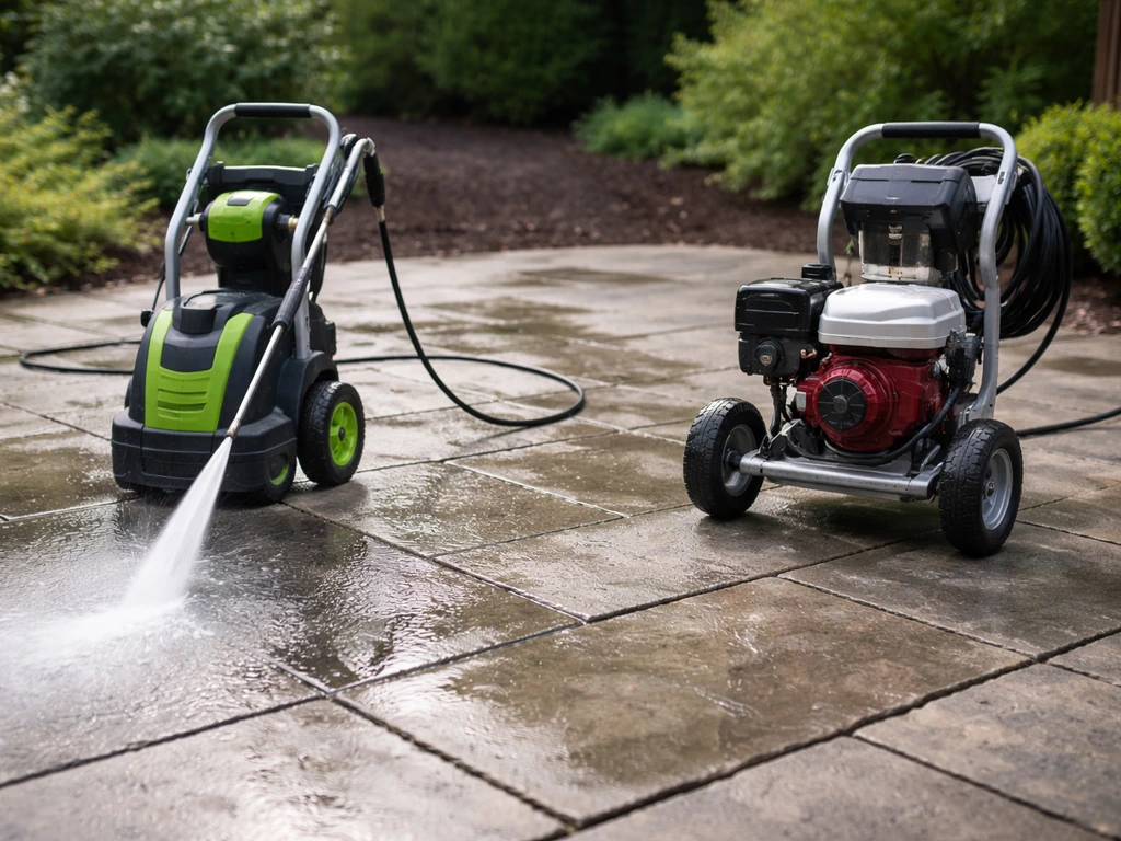 Electric pressure washer spraying water on a stone patio next to an off gas unit, safer residential comparison.