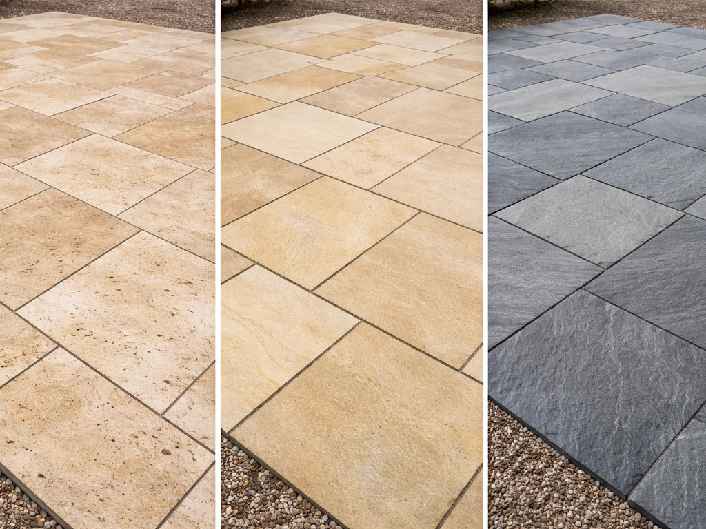 Close-up side-by-side sections of travertine, sandstone, and slate showing different patio textures outdoors.