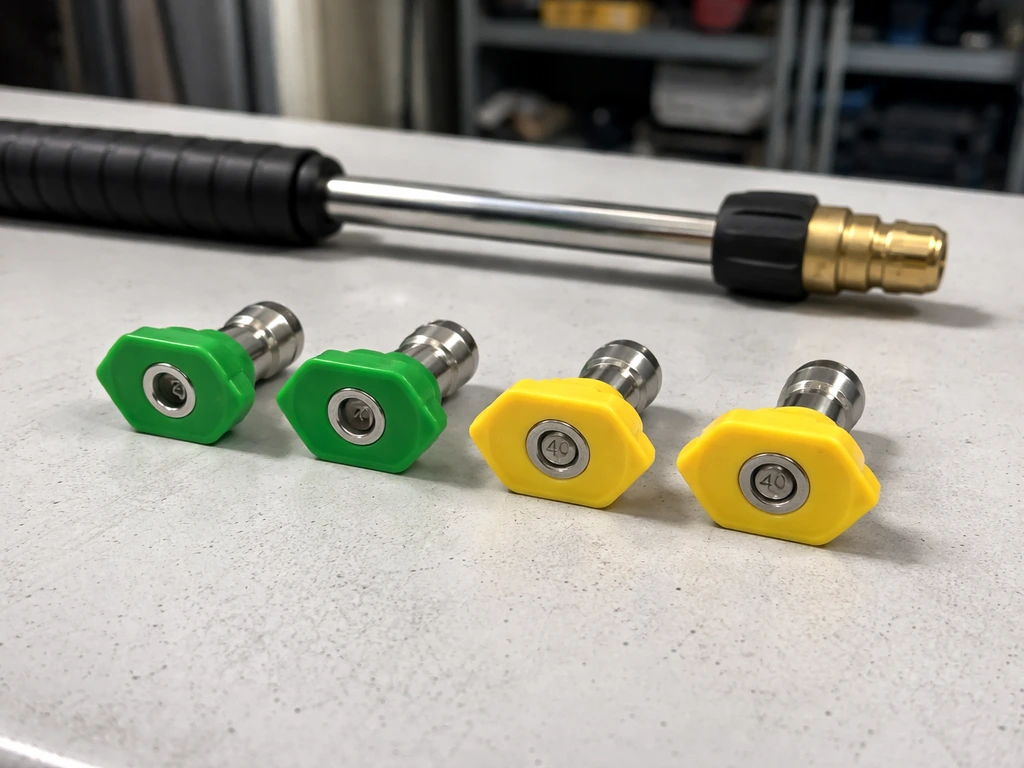 Color-coded pressure washer nozzle tips and a wand laid on a workbench in natural light.