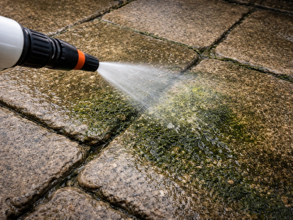 Sprayer applying moss-algae pre-treatment to shaded stone with dark damp growth visible