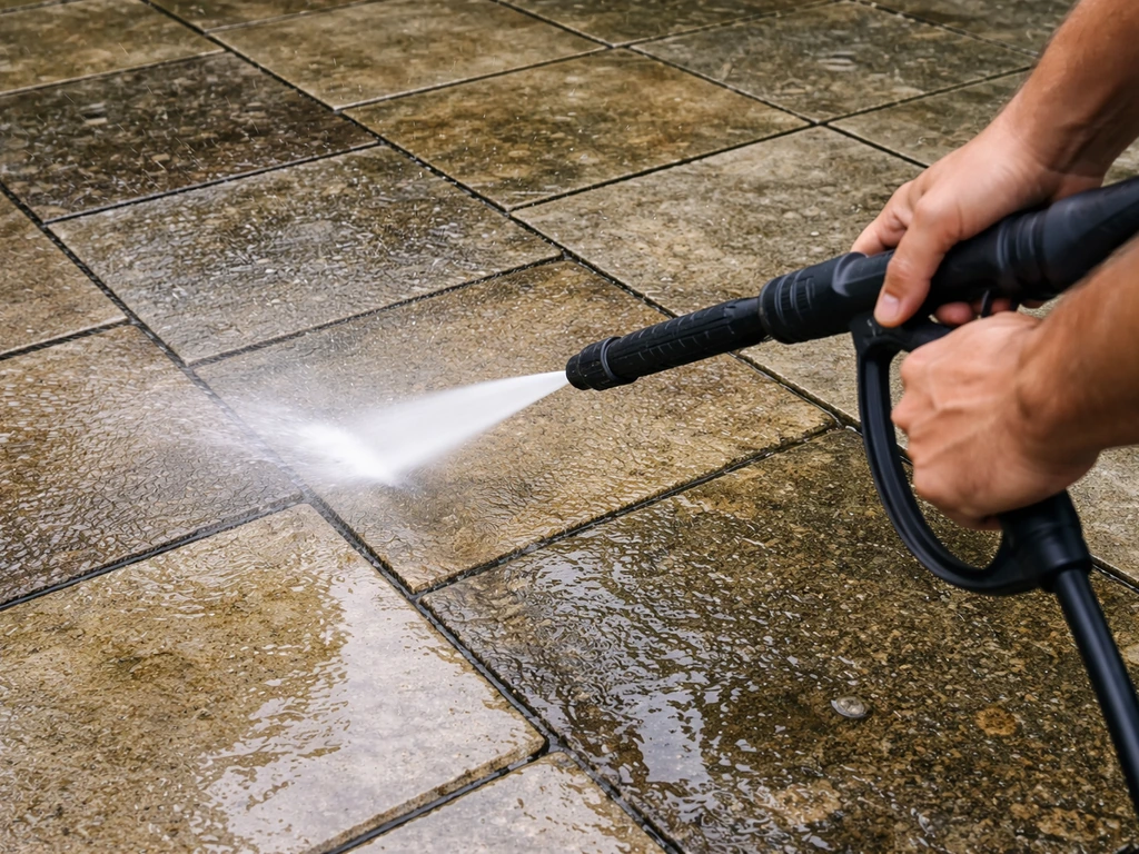 Close-up of pressure washer wand making overlapping passes on a stone patio