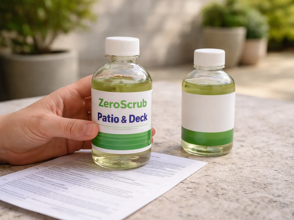 Hands holding a ZeroScrub Patio & Deck cleaner bottle beside a different cleaner bottle on a counter.
