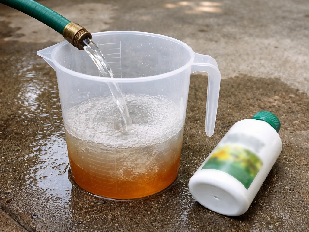 Close-up of a measuring cup diluting patio concentrate with hose water, with an unreadable label in view.