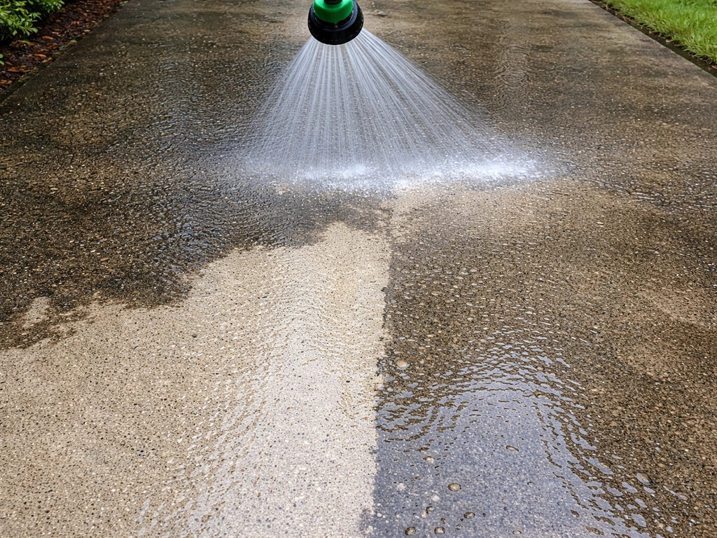 Garden hose rinse spraying a damp patio where grime has visibly lifted after dwell time.