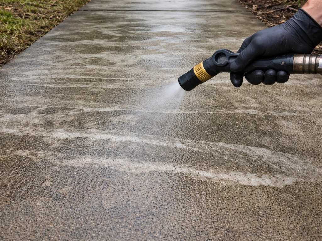 Close-up of patchy hazy residue and streaks on concrete with a gloved hand sprayer ready for another pass