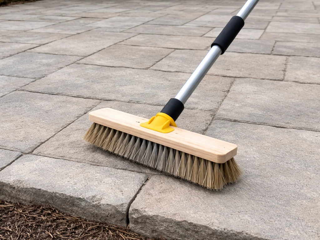 Wide-head patio deck scrub brush with a long handle positioned to clean a stone patio surface.
