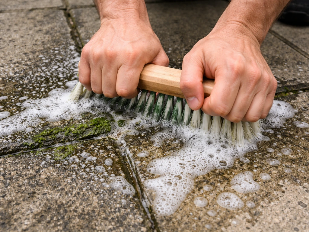 Hands scrubbing mold and algae from concrete patio joints with a stiff-bristle brush and foam cleaner.