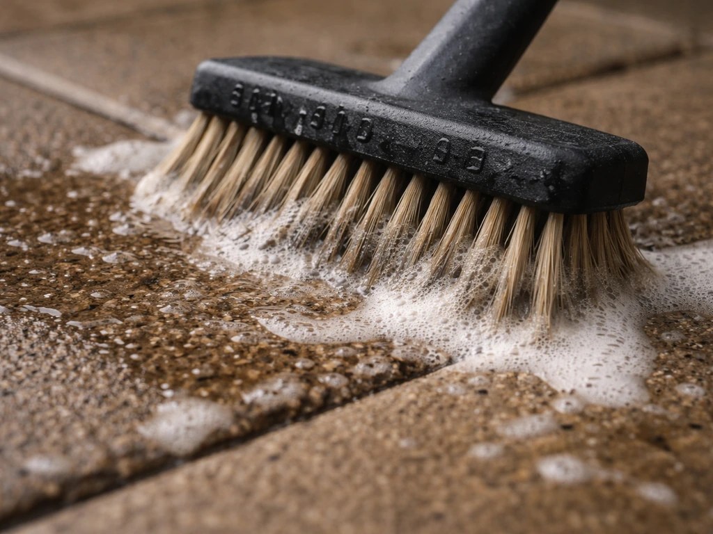 Close-up of a stiff brush scrubbing a greasy porous patio with degreasing cleaner seeping into pores.