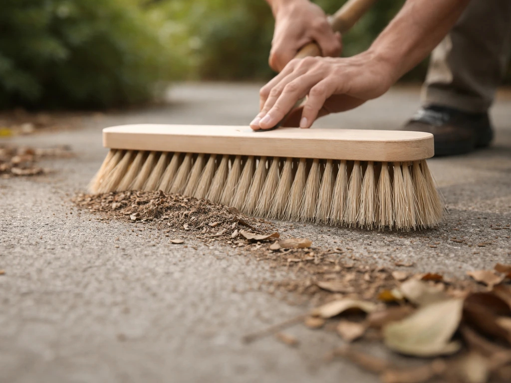 Close-up of a patio brush sweeping dry leaves off a concrete patio in controlled strokes.