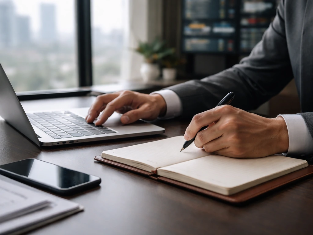 Anonymous hands at a modern desk with notebook and laptop, city light blur suggesting verified business net-worth estima