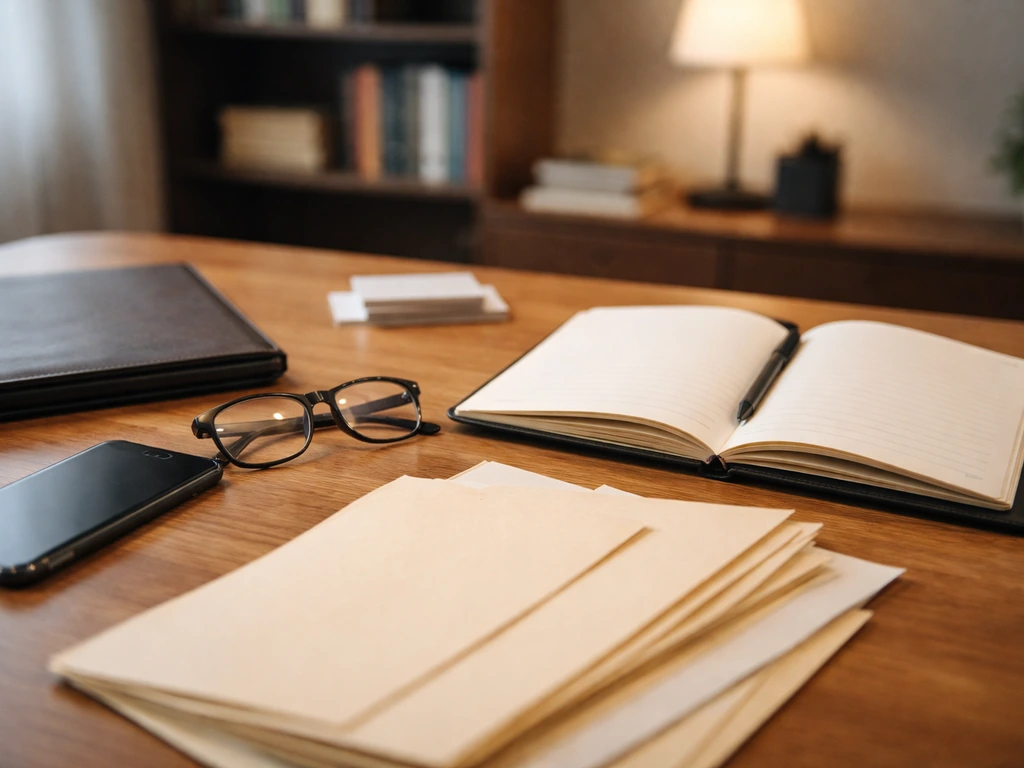 An anonymous desk scene with open notebooks, a phone, and folders suggesting identity verification for a business writer