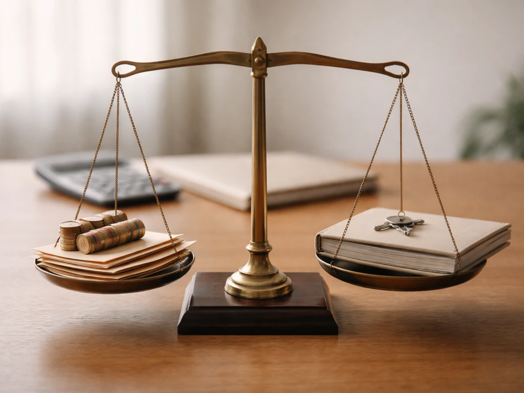 Minimal office photo with a balance scale where liabilities-like items outweigh asset-like items.