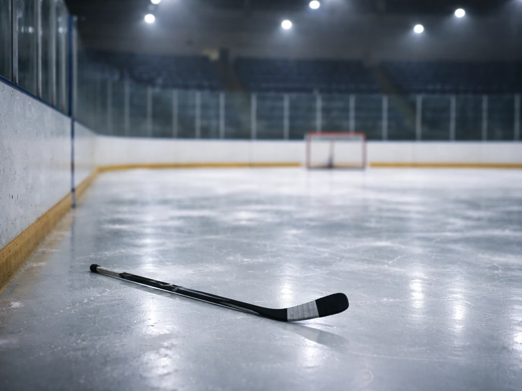 Hockey stick resting on an ice rink surface with an empty rink background, suggesting sports profile analysis.