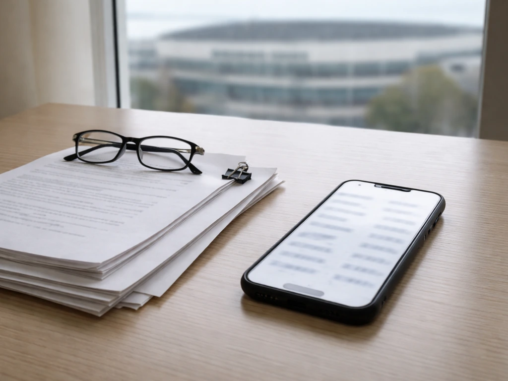 Minimal desk scene with printed documents and a smartphone showing blurred contract-style info for verification.