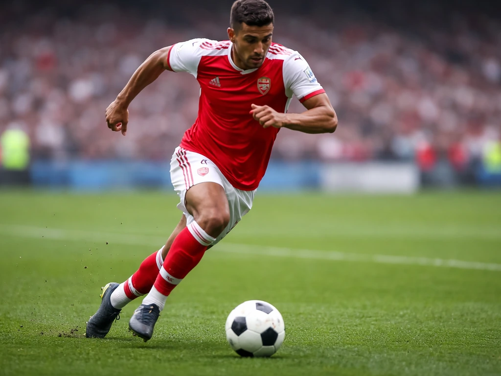 Arsenal-themed footballer in action on a stadium pitch, captured mid-sprint with the ball at his feet.