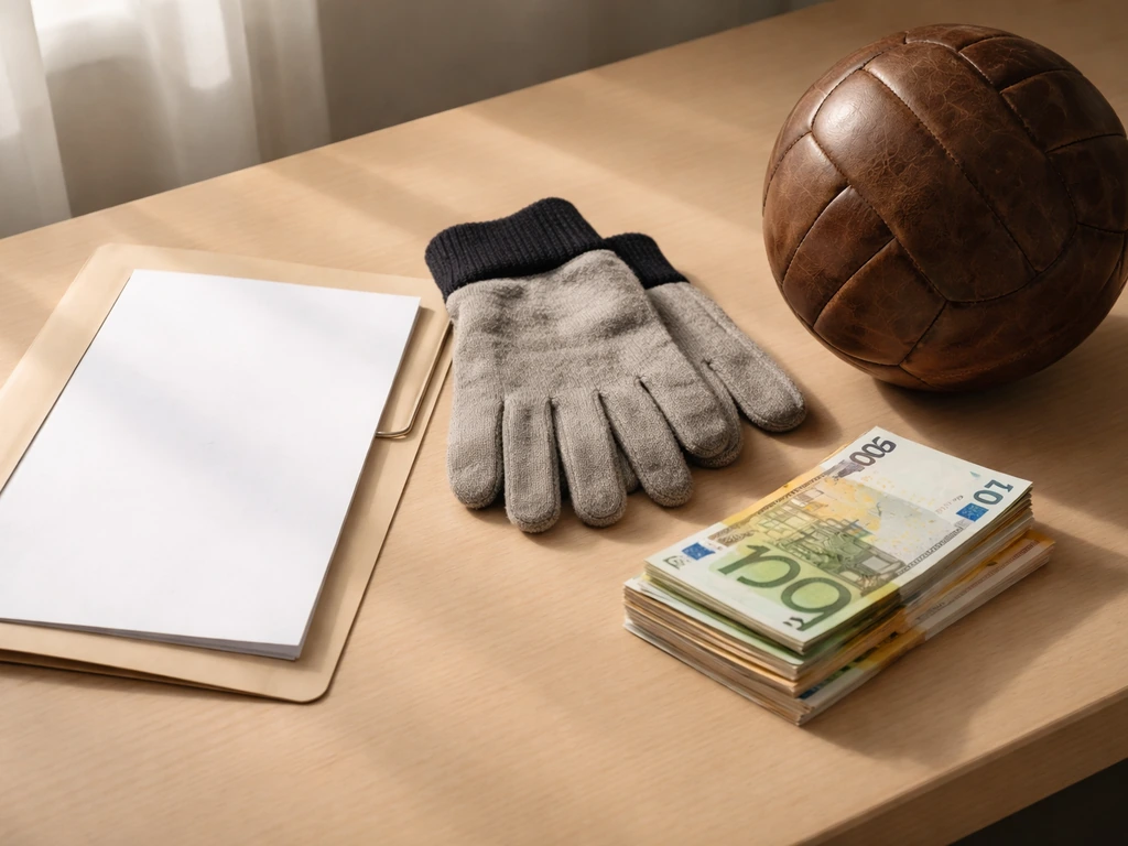 Minimal photo of a football-themed contract folder and cash on a desk, symbolizing wages and bonuses.