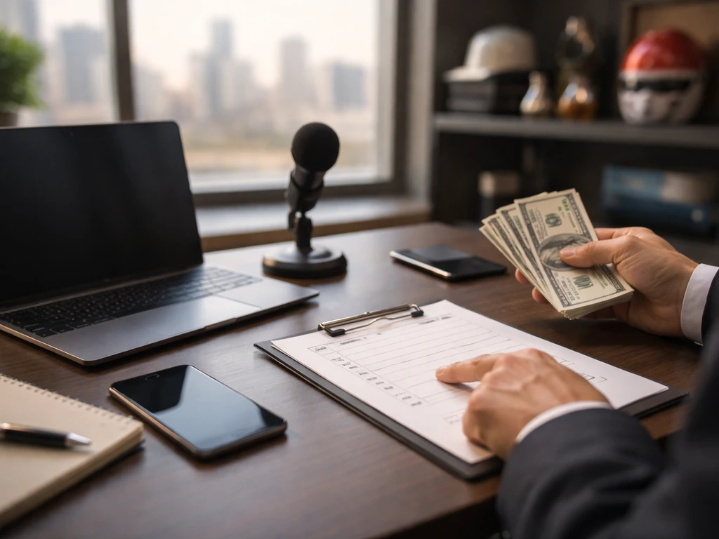 Anonymous desk in a sports office with money and blank verification checklist, no person shown.