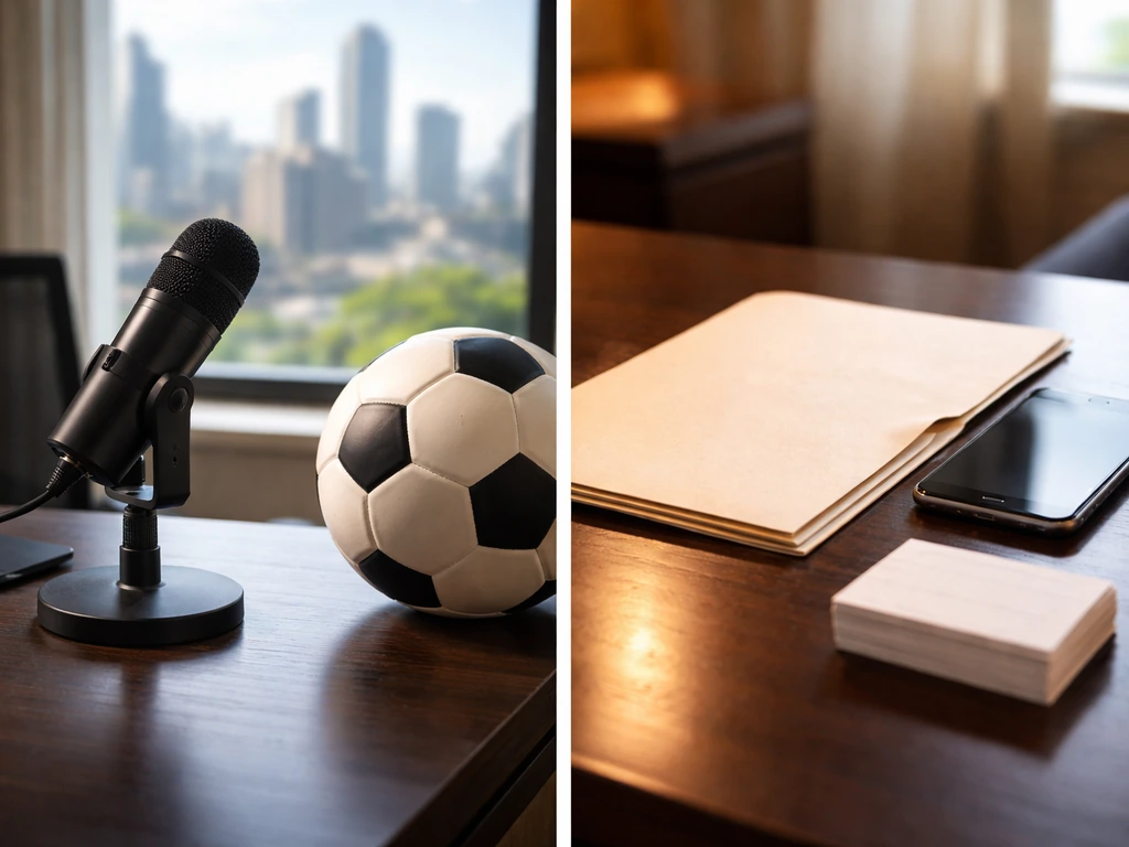 Two-panel sports-office and business-desk scenes with cues for a sports agent profile, no people shown.