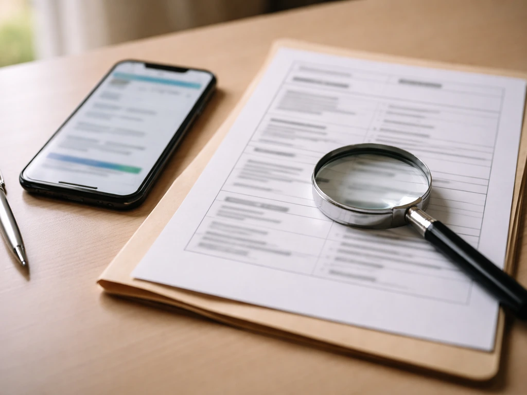 Minimal desk scene with a phone and printed records under a magnifying glass, suggesting verifying corporate registry so