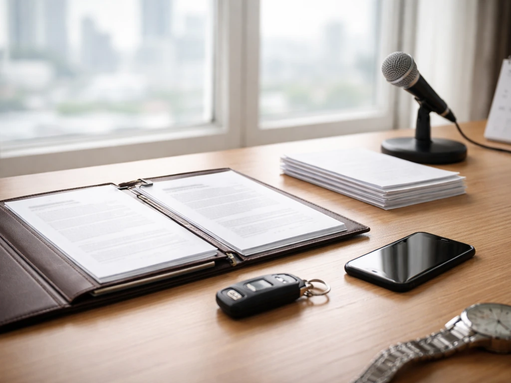 Minimal finance desk with contracts, watch, and blurred city view suggesting changing wealth over time.