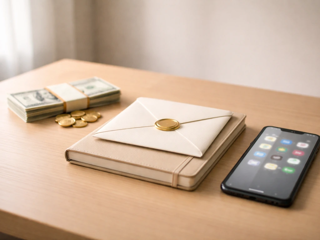 Minimal photo of a clean desk with a single envelope and a smartphone showing blurred financial icons, suggesting a net-