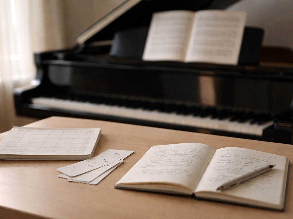 Grand piano with sheet music and a simple booking calendar on a desk, symbolizing income sources
