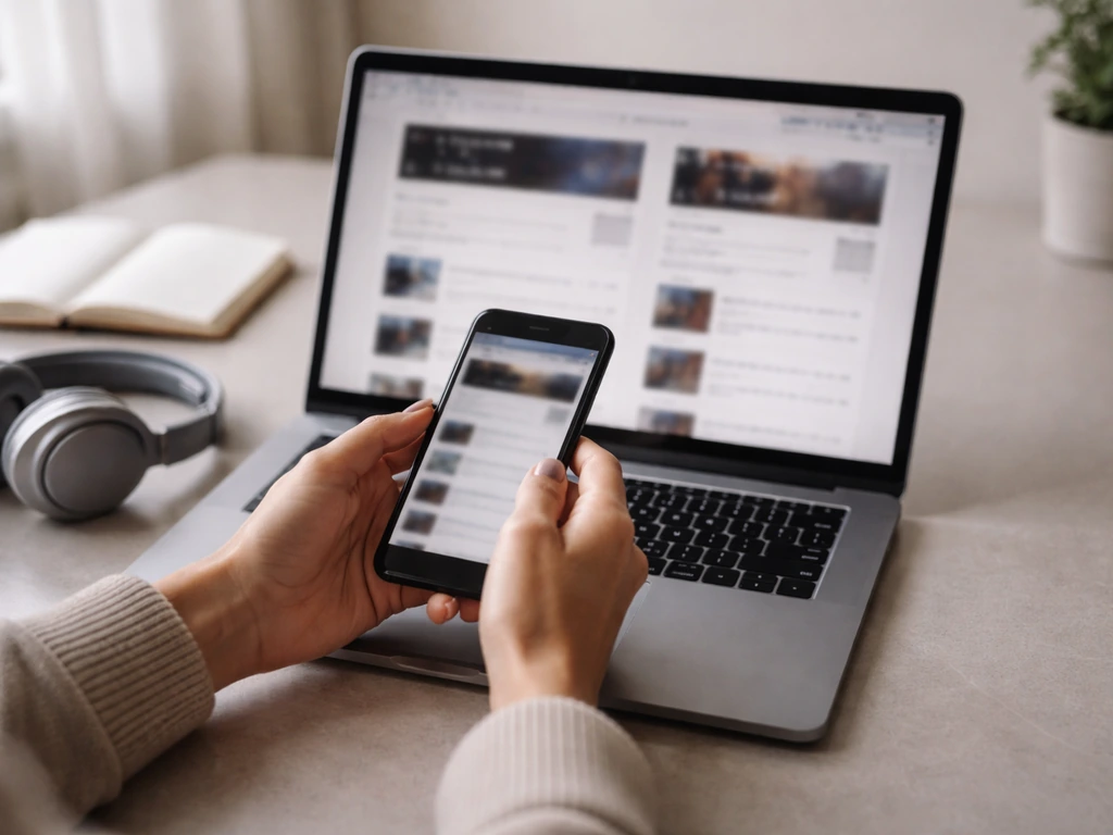 Hand adjusting a smartphone while looking at an open laptop with browser pages showing event listings