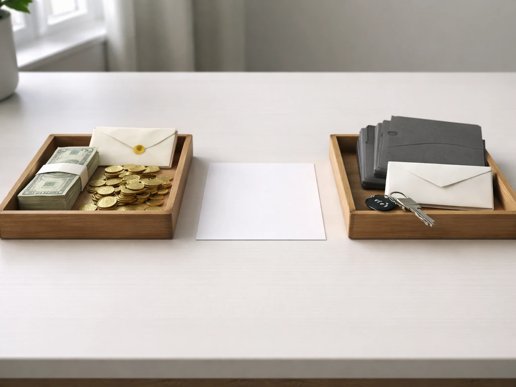 Minimal office desk showing assets on one side and liabilities on the other, symbolizing net worth.