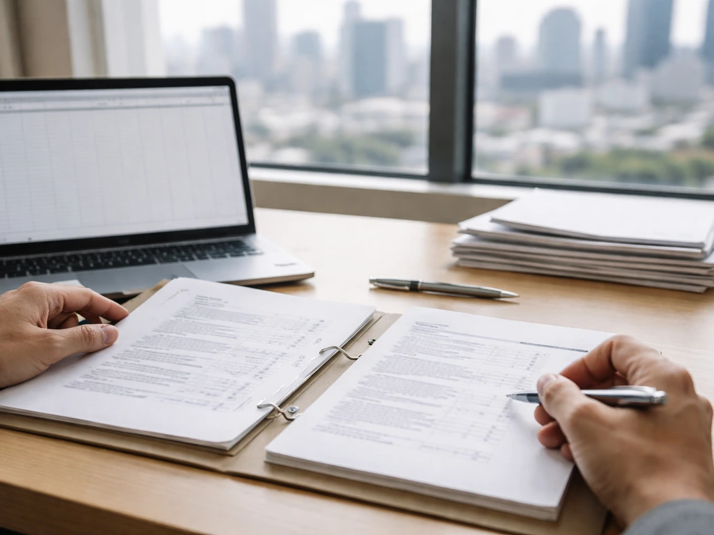 Minimal desk scene with open documents, calculator, and a laptop showing finance tasks, symbolizing net worth building.