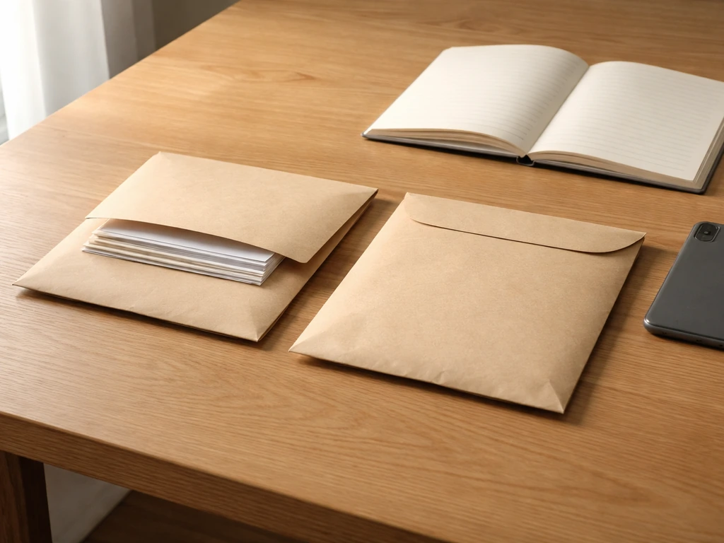 Minimal desk scene showing two envelopes of paperwork and a notebook, symbolizing verified vs missing wealth data