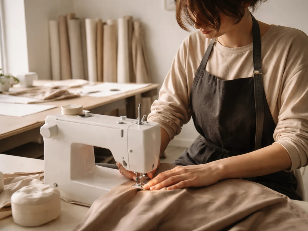 French fashion designer working in a minimalist studio, fabric and sewing tools on a worktable
