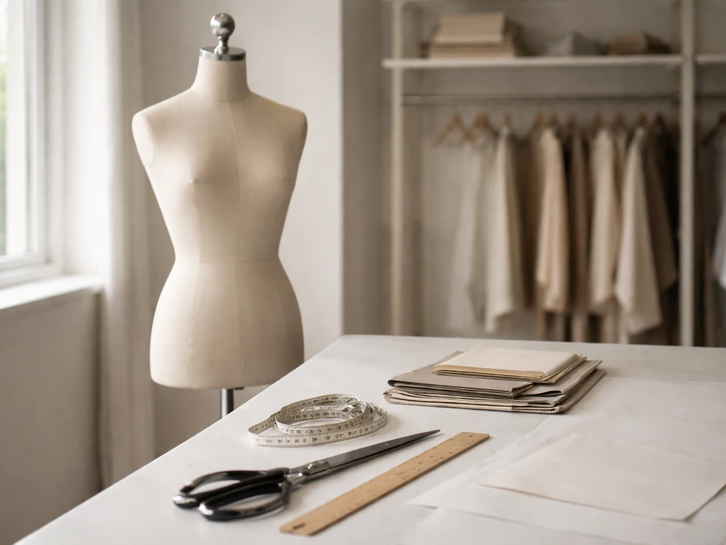 Luxury fashion studio workspace with tailoring mannequin, fabric swatches, and pattern tools on a wooden table.
